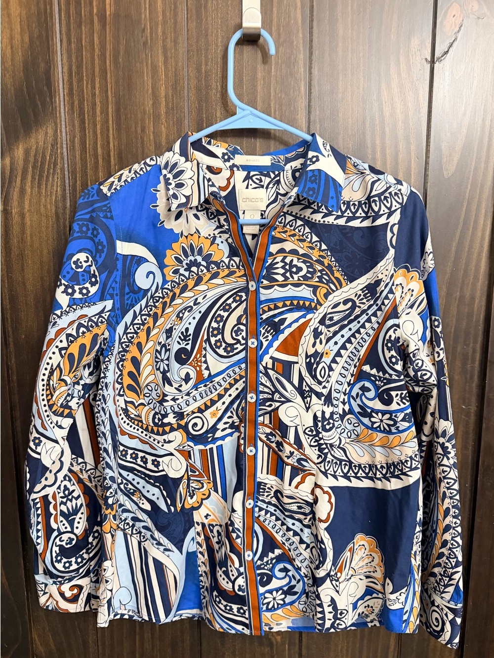 Chico's Blue, Navy & Orange Paisley Button-Front Blouse - Picture 3 of 7